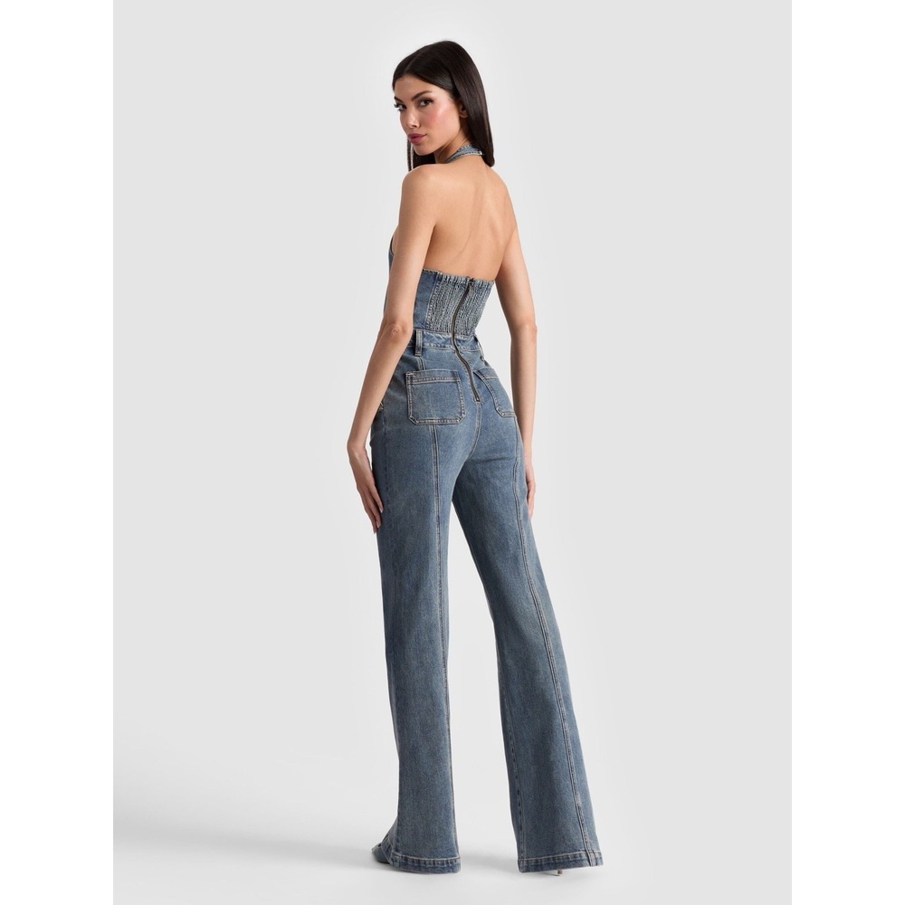 $550 NWT Alice+Olivia Gorgeous Pennie Denim Bootleg Halter Jumpsuit - Picture 3 of 16